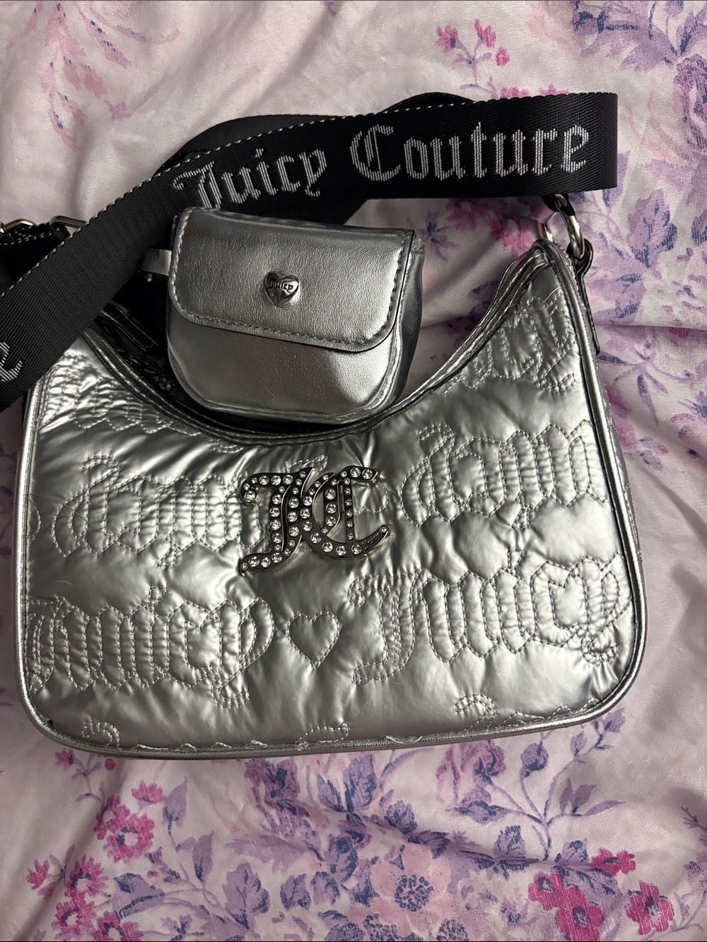 Juicy Couture Metallic Silver Quilted Shoulder Bag with Coin Pouch